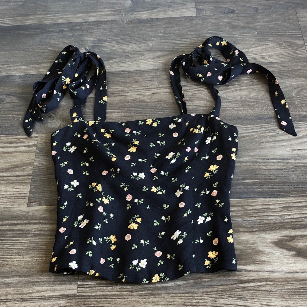 Reformation Ellora Ditsy Floral Tie Strap Tank Top Smock Black 0